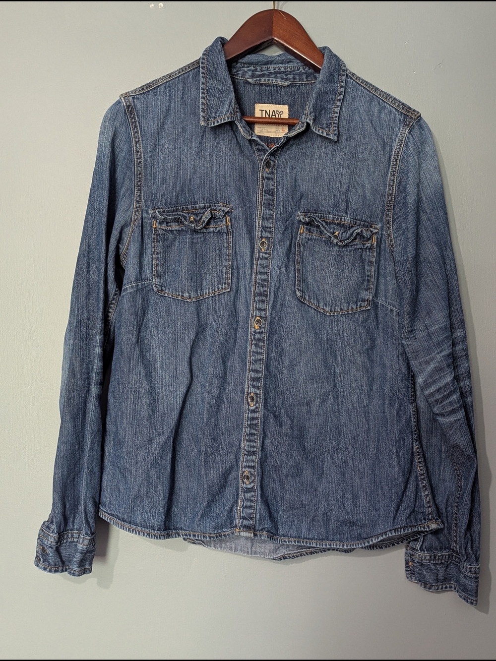 TNA Women's Denim Button-Up Shirt Medium Blue Cowboy